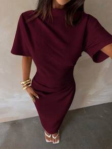 Aloruh New Solid Color Versatile Elegant Intellectual Minimalist Office Commute Ruched Decor Loose Top Tight Skirt Long Sleeve Midi Dress - Burgundy - View 8