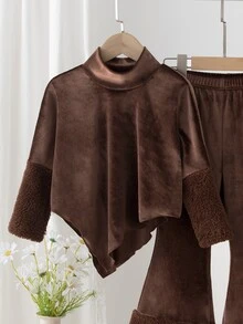 SHEIN 青少年女孩毛絨拼接兩件套套裝，假領不對稱下擺上衣與喇叭褲套裝，冬季款 - 棕色 - 查看 3