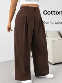 Comfortcana Plus Size Solid Color Button Casual Wide Leg Pants Graduation,Back To Schoo - Chocolate Brown - View 1
