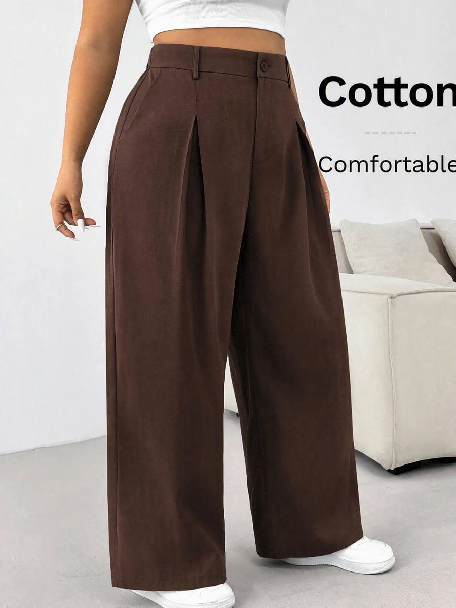 Comfortcana Plus Size Solid Color Button Casual Wide Leg Pants Graduation,Back To Schoo - Chocolate Brown - View 1