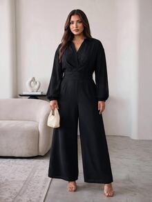 Hourglow Plus Size Women Solid Color Casual Daily Wear Jumpsuit - Black - View 3