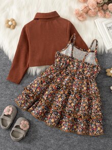 SHEIN Vintaside Kids 女嬰幼兒燈芯絨夾克與花朵細肩帶洋裝 2 件套，上衣：燈芯絨短款長袖夾克配翻領；內搭： - 棕色 - 查看 2