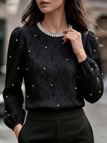SHEIN Women's Woven Elegant Beaded Jacquard Fall Blouse - Black - View 4
