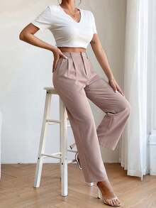 SHEIN PETITE High Waist Plicated Detail Straight Leg Black Pants - Khaki - View 5