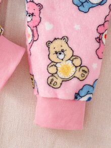 SHEIN X Care Bears GraphicGems 秋冬雙面法蘭絨保暖內裡加厚女童連身衣，聯名可愛卡通熊與星星印花，精緻熊帽附刺繡與3D耳朵設計，拉鍊開合，長袖長褲居家休閒服 - 粉色 - 查看 6