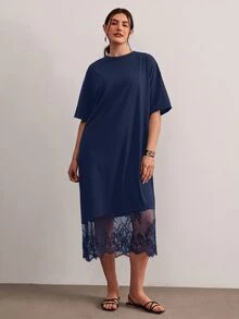 Freevana Plus Size Women Lace Patchwork Casual Party Dress - Royal Blue - View 4