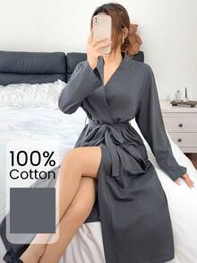 Napfluff روب طويل نسائي كاجوال من القطن 100% ناعم على البشرة للمنزل والصباح - رمادي - مشاهدة 4