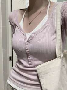 DAZY Women's Pink V-Neck Button Ribbed Knit Fitted Cropped Long Sleeve Cardigan With White Camisole Tank Top - Pink - View 5