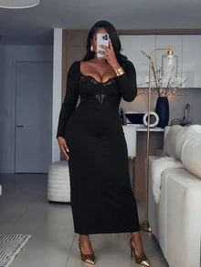 Firerie Women Plus Size Party Dress Elegant Lace Hollow Patchwork Long Sleeve Bodycon Dress - Black - View 6