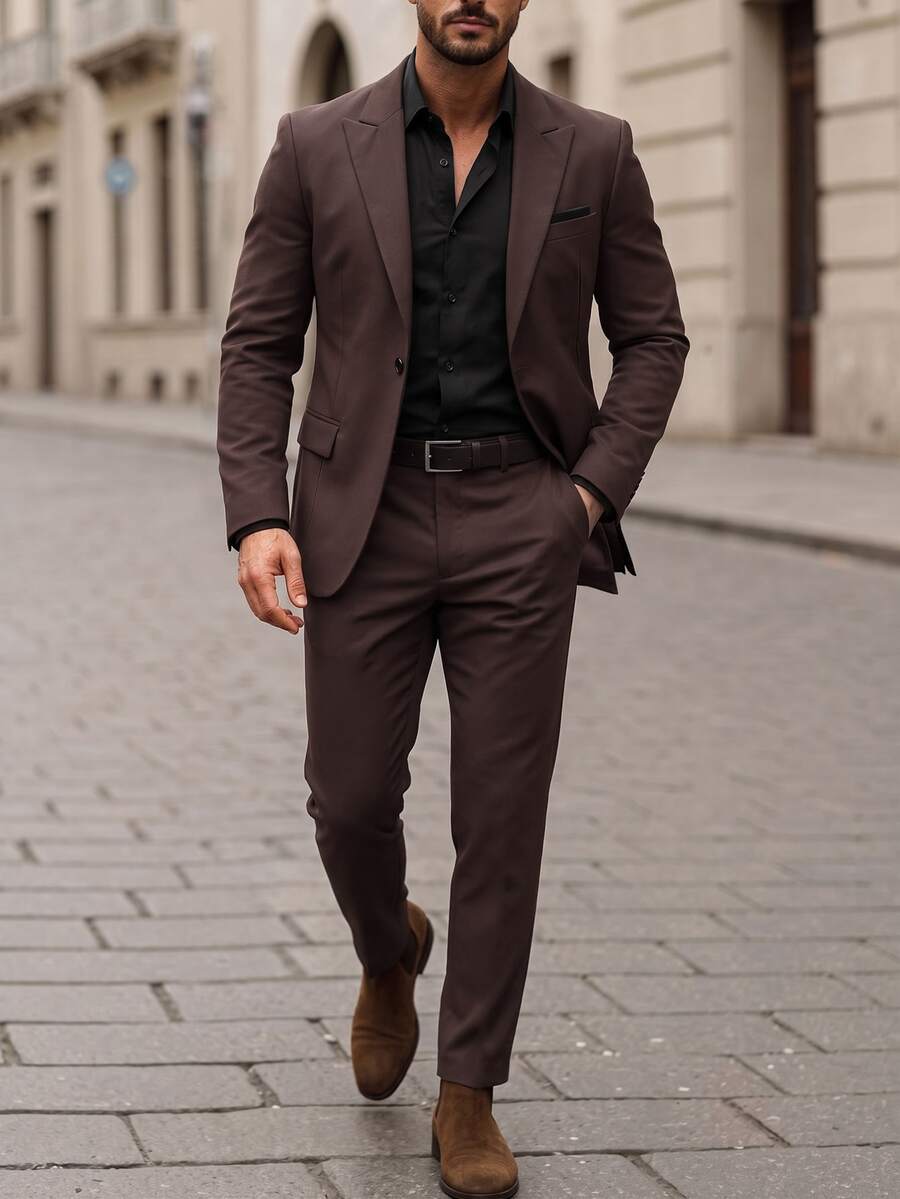 Manfinity Mode Men's Solid Color Long Sleeve Blazer And Trousers Business Luxury 2 Pieces Set - Brown - View 1