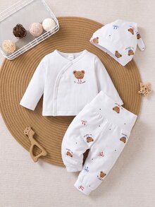 SHEIN 3件組新生兒嬰兒上衣+長褲+帽子，可愛甜美白色熊印花蝴蝶結波點長袖V領基本款，生日秋季側開扣 - 白色 - 查看 1
