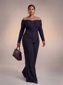 Zivah Spring/Summer Women's Plus Size New Bold, Classy Feminine Style Tummy Control Fit Breathable Elegant Romantic Classic Earthy Yellow Textured Knit Tie-Front Blouse And Long Wide-Leg Pants Set - Purple - View 5