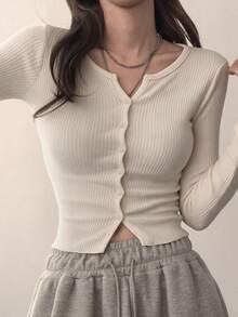 DAZY Women's Fitted Short Long Sleeve Ribbed T-Shirt - White - View 3
