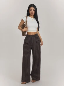 SHEIN PETITE Brown Striped Loose-Fit Trousers For Petite Women – Casual Workwear - Rust Brown - View 5