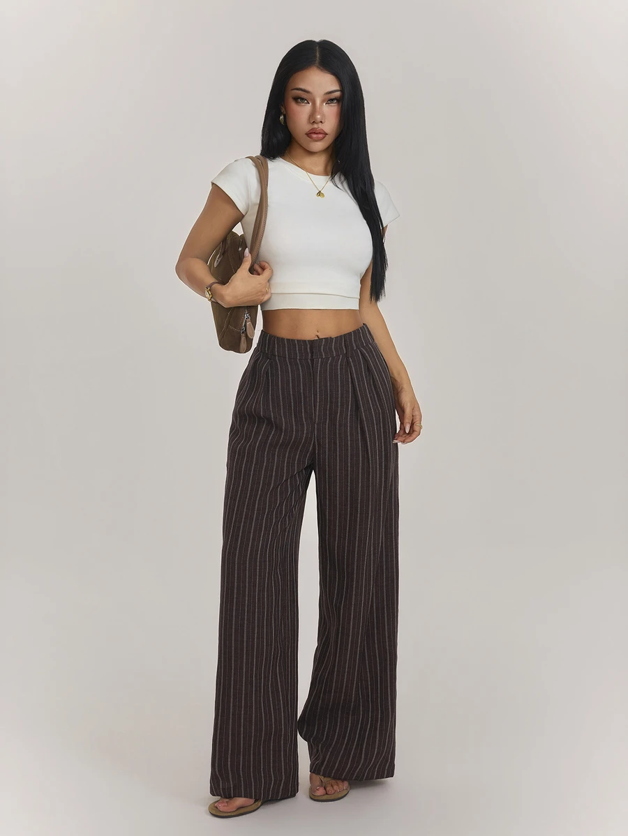 SHEIN PETITE 棕色條紋寬鬆版型長褲,適合嬌小女性,休閒通勤穿搭 - 鏽棕色 - 查看 1