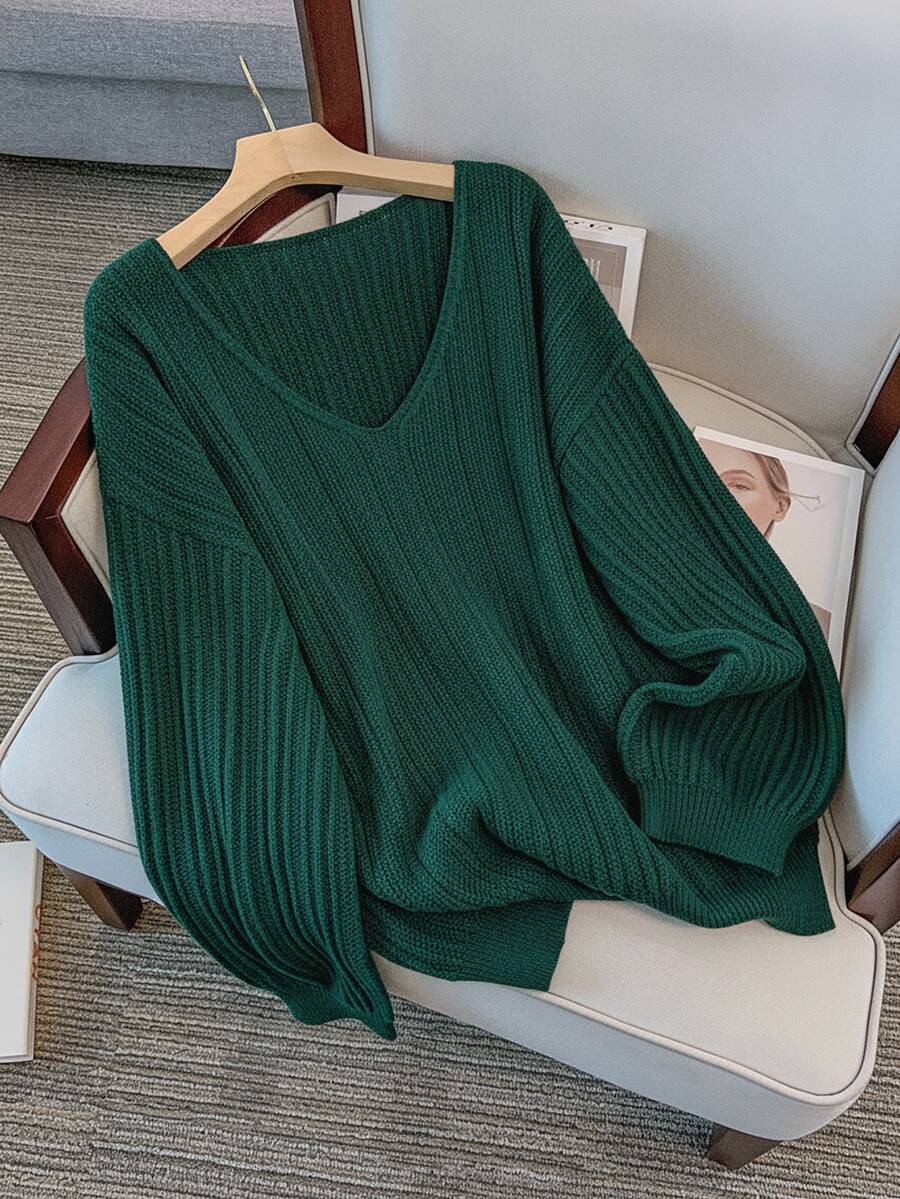GlowEve CURVE Plus Size Elegant V-Neck Drop Shoulder Long Sleeve Pullover Sweater Fall Winter - Dark Green - View 1