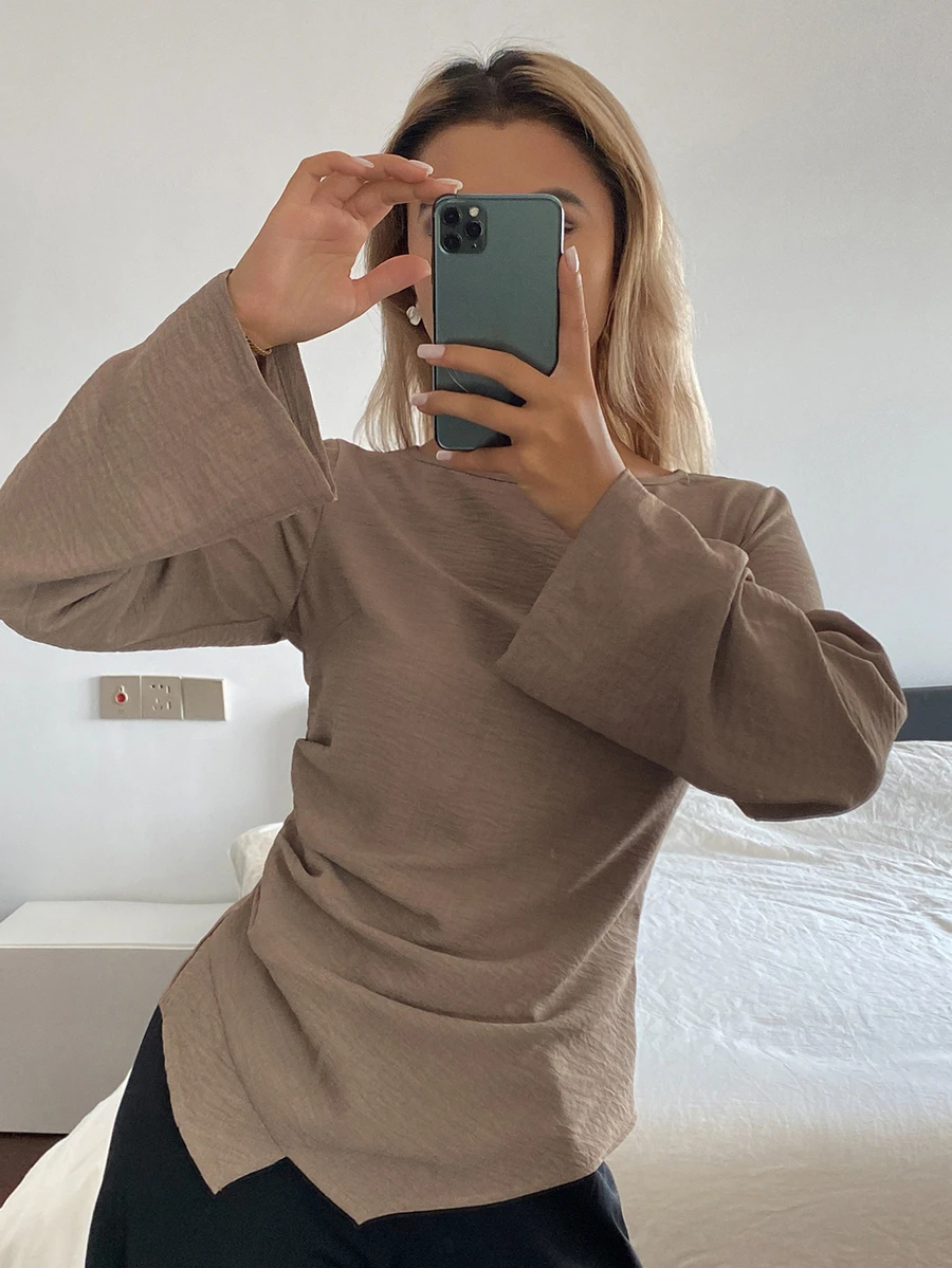 DAZY Solid Color Fitted Pleated Long Sleeve Round Neck Casual Elegant Vacation Korean Style Spring Autumn Blouse For Women - Khaki - View 1