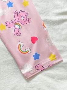 SHEIN X Care Bears GraphicGems 秋冬女童幼兒 2 件套聯名款可愛卡通愛心彩虹熊印花柔軟舒適阻燃牛奶絲面料休閒寬鬆長袖居家服褲裝 - 粉色 - 查看 5