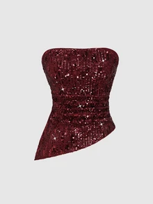 Sweetra Women's New Vintage Hot Girl Slim Fit Elegant High-End Versatile Party Music Festival Strapless Slimming Patchwork Comfortable Streetwear Sequin Top - Burgundy - View 4