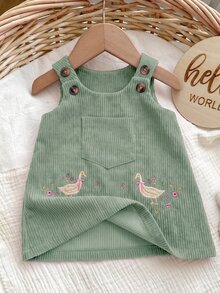 SHEIN 新生女嬰可愛紅色休閒卡通刺繡圖案秋冬洋裝 - 薄荷綠 - 查看 2