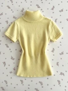 Sweetra Minimalist Cream Yellow Turtleneck Cropped Knit Top - Yellow - View 5