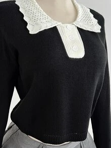 Sweetra Ruffled Collar Half-Button Short Long Sleeve Sweater - Black and White - View 5