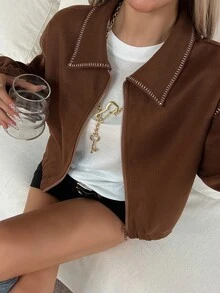 Livesso Women's Fashion Street Maillard Drop Shoulder Jacket - Brown - View 1