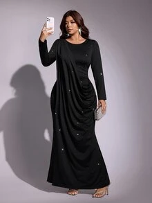 Viva Relle Plus Size Women's Black Starry Rhinestone Long Sleeve Evening Dress, Asymmetrical Ruched Draped Fitted Dress - Black - View 1