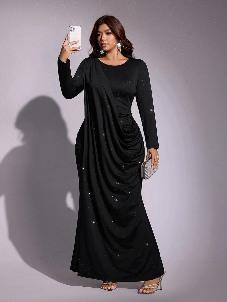 Viva Relle Plus Size Women's Black Starry Rhinestone Long Sleeve Evening Dress, Asymmetrical Ruched Draped Fitted Dress - Black - View 1