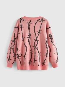 ROMWE Dark Gothic Halloween Thorn Jacquard Loose Open Front Cardigan - Pink - View 2
