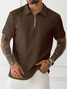 Manfinity Homme 大尺碼男士深綠色華夫格紋 Polo 衫，短袖拉鍊領口 Polo 衫，休閒夏季度假風，老錢風復古 - 咖啡棕 - 查看 4