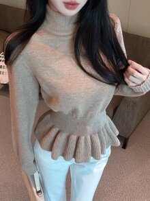 Joudiya Autumn/Winter High Neck Ruffle Hem Waist-Cinching Long Sleeve Knit Slim Fit Elegant Elegant Commute Date Women's Sweater - Camel - View 4