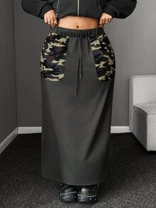 Maweii Plus Size Women's Daily Commute Dark Gray Knit Drawstring Waist Long Straight Drape Skirt, Camouflage Contrast Pocket, Added Casual Workwear Style, Back Center Slit - Grey - View 5