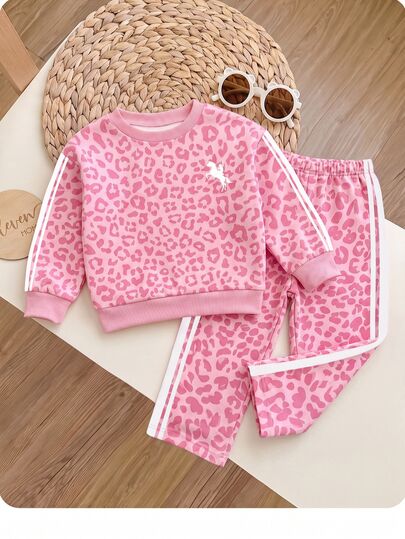Infant Girls Round Neck Long Sleeve Pullover Sweatshirt + Straight Leg Sweatpants
