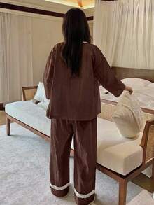 Dazy Plus 3件組度假風大尺碼女款白色波點紋理布料睡衣套裝，春/夏 - 棕色 - 查看 4