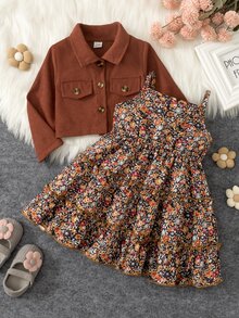 SHEIN Vintaside Kids 女嬰幼兒燈芯絨夾克與花朵細肩帶洋裝 2 件套，上衣：燈芯絨短款長袖夾克配翻領；內搭： - 棕色 - 查看 5