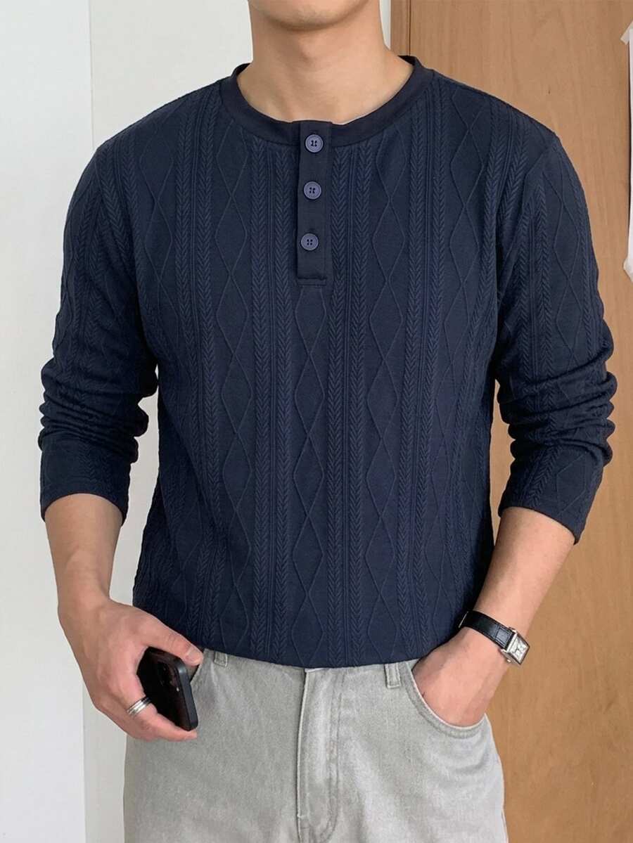DAZY 男士亨利領三鈕扣紋理菱格紋長袖休閒寬鬆基本款T恤 - 藏蓝色 - 查看 1
