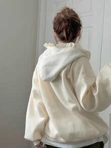 FRIFUL Women's Bow Embroidery Zipper Hooded Regular Jacket Suitable For Daily Wear School Everyday Cream White Autumn Casual Preppy - Apricot - View 4
