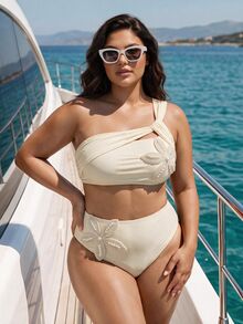 SHEIN Swim Women's Plus-Size Sexy Apricot Knitted Bikini Set – High-Stretch, Minimalist Resort Style With One-Shoulder Design (Featuring Pearl And 3D Floral Embe - Beige - View 2