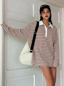 DAZY 女款條紋寬鬆 Polo 領落肩長袖休閒 T 恤 - 灰色 - 查看 7