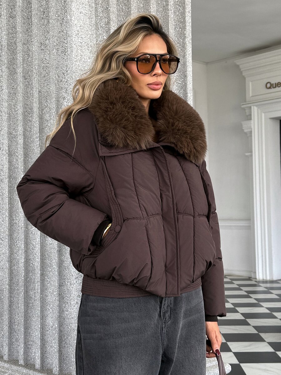 Pariaura Fashionable Elegant Slimming Detachable Large Fur Collar Padded Coat With Zipper Front And Side Pockets Loose Fit - Brown - View 1