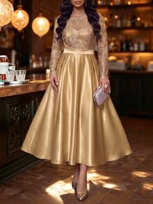 Fleurora Plus Size Women's Contrast Lace Round Neck Long Sleeve Elegant Dress - Coffee Brown - View 5