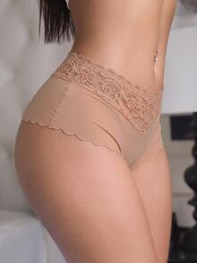 SHEIN 女款性感豹紋蕾絲拼接三角內褲 - 杏色 - 查看 5