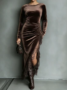 Linhara CURVE Women's Round Neck Long Sleeve Dress, Elegant Party Autumn/Winter Dress - Brown - View 3