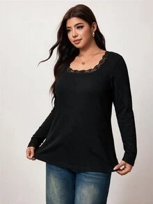 Enliva Plus Size Women's Cotton Blend Long Sleeve T Shirt Square Neck Casual Basic Top Flattering Compatible With Apple Shape - Black - View 7