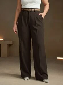 Anewsta Plus Size Women's Solid Color Pocket Casual Daily Suit Pants - Coffee Brown - View 1