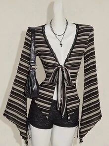 SHEIN ICON Y2K 女款西式波西米亞嬉皮哥德風性感蕾絲扭轉前襟長袖開襟衫 - 彩色 - 查看 1