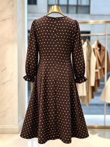 GlowEve CURVE Plus Size Autumn/Winter Polka Dot Ruched Waist Sweetheart Square Neck Ruffle Long Sleeve Dress - Brown - View 2