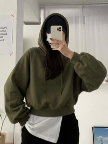 DAZY 女款純色連帽寬鬆短版運動衫 - 軍綠色 - 查看 4