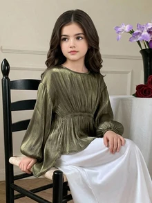 Dazy Kids Tween Girl Fashion Ruched Waist Long Sleeve Blouse - Army Green - View 1